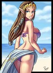 beach big_breasts bikini blue_eyes blue_sky breasts brown_hair butt butt_pose clothing cloud day female hair humanoid_pointy_ears long_hair looking_at_viewer looking_back not_furry outside pointy_ears pose purple_bikini purple_clothing purple_swimwear sea seaside sky smile solo swimwear three-quarter_view two-piece_swimsuit water parsujera nintendo the_legend_of_zelda the_legend_of_zelda:_twilight_princess princess_zelda humanoid hylian absurd_res hi_res portrait three-quarter_portrait