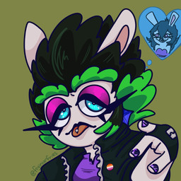 5_fingers anthro badge black_clothing black_gloves black_hair black_handwear black_jacket black_lipstick black_topwear blue_ear_piercing blue_eyes blue_hair clothed clothed_anthro clothed_female clothing colored_nails duo ear_piercing eyebrows eyelashes female fingerless_gloves fingernails fingers gloves green_background green_eyebrows green_hair hair half-closed_eyes handwear jacket lesbian_pride_colors lgbt_pride lipstick long_ears long_eyelashes makeup multicolored_hair nails narrowed_eyes noseless open_clothing open_jacket open_topwear orange_tongue piercing pink_eyelids pink_inner_ear pose pride_colors purple_clothing purple_fingernails purple_nails purple_shirt purple_topwear sharp_teeth shirt short_hair simple_background spiky_hair teeth thought_bubble tongue tongue_out tongue_piercing topwear torn_clothing torn_shirt torn_topwear two_tone_hair flyinurfries mario_plus_rabbids_sparks_of_hope nintendo raving_rabbids rayman_(series) ubisoft edge_(mario_plus_rabbids) midnite_(mario_plus_rabbids) ghost hybrid lagomorph mammal rabbid spirit 1:1 2022 colored digital_drawing_(artwork) digital_media_(artwork) english_description hi_res shaded