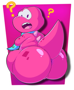 accessory anthro anus big_butt butt crossed_arms crossed_legs looking_at_viewer looking_back male markings mostly_nude necktie necktie_only open_mouth pink_body pink_skin question_mark raised_tail rear_view simple_background sitting solo spikes spots spotted_body tail toony tepigfan101 gameoverse glitch_productions gobbles_(gameoverse) dinosaur prehistoric_species reptile scalie absurd_res hi_res