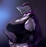 anthro big_breasts breasts choker cleavage clothed clothing countershading female fin huge_breasts jewelry looking_at_viewer muscular muscular_anthro muscular_female necklace non-mammal_breasts purple_body purple_skin red_eyes shirt simple_background smile smiling_at_viewer solo tank_top teeth topwear hb-viper lusitania fish great_white_shark mackerel_shark marine shark white_shark 2021 half-length_portrait hi_res portrait signature