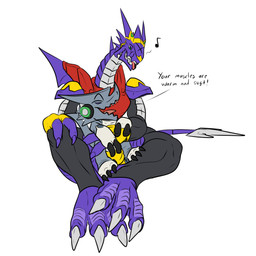 anthro blep claws clothing cuddling duo hand_on_knee hand_on_leg holding_partner leggings legwear male musical_note musical_symbol on_lap paws sitting sitting_on_lap symbol tight_clothing tongue tongue_out conditional_dnp samagthrav2 bandai_namco digimon grei_(sergeant_stacker) paul_arresterdramon_(samagthrav2) arresterdramon digimon_(species) shoutmon absurd_res hi_res