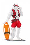 abs alternate_costume alternative_fashion anthro athletic belt bottomwear cheek_tuft claws clothing facial_markings facial_tuft fanny_pack floatie fluffy fluffy_tail fur fuzzy half-closed_eyes hat head_markings headgear headwear holding_object inflatable life_jacket lifeguard lifeguard_swimsuit looking_at_viewer male markings mask_(marking) narrowed_eyes navel neck_tuft pawpads red_eyes shorts simple_background smile solo standing swimming_trunks swimwear tail topwear tuft vest whistle_(object) white_background white_body white_fur beozar dreamworks puss_in_boots_(dreamworks) death_(puss_in_boots) canid canine canis mammal wolf hi_res