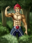 abs anthro athletic belt biceps biped bottomwear brown_body brown_fur bulge clothed clothing detailed_background fangs flexing forest fur hair male muscular muscular_anthro muscular_male nature nipples open_mouth outside pants pecs plant pose red_hair solo standing tan_body tan_fur teal_eyes teeth topless tree wood gaycandypop thundercats thundercats_2011 lion-o felid mammal