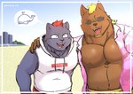 anthro arm_around_shoulders beach brown_body brown_fur clothed clothing detailed_background duo eyewear fur hoodie hug humanoid_hands kemono male open_clothing open_shirt open_topwear outside seaside shirt sunglasses swimwear topwear aretna canid canine canis domestic_dog mammal 2021 hi_res