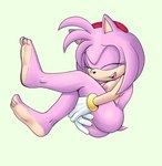 clothing eyes_closed feet female fur genitals glee gloves handwear humanoid_feet jumping mostly_nude nipples pink_body pink_fur pink_nipples plantigrade pussy simple_background smile soles solo fourssss sega sonic_the_hedgehog_(series) amy_rose eulipotyphlan hedgehog mammal