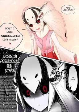 asking asking_for_opinion asking_viewer asking_why black_hair black_sclera blush bow_(feature) breasts clothed clothing command command_to_look dialogue female fur hair happy heart_after_text heart_symbol looking_at_viewer neck_tuft open_mouth question question_mark red_eyes repeated_text serious small_breasts solo talking_to_viewer text text_with_heart translucent translucent_hair tuft waist_bow white_body white_fur white_hair yandere yes-no_question kenken_(artist) menacing_(meme) mashiro_(solopipb) animal_humanoid arthropod arthropod_humanoid humanoid insect insect_humanoid lepidopteran lepidopteran_humanoid comic english_text hi_res meme