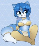 anthro big_breasts blue_body blue_fur blue_hair bottomwear breasts clothing dipstick_tail female fur hair jewelry legwear loincloth markings necklace short_hair short_stack sitting smile solo tail tail_markings tan_clothing thigh_highs moozua nintendo star_fox krystal_(star_fox) canid canine fox mammal hi_res