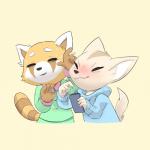 anthro blush bodily_fluids cellphone clothed clothing daww duo electronics eyes_closed female pajamas phone simple_background sweat sweatdrop sweater topwear karzahnii aggretsuko sanrio fenneko retsuko ailurid canid canine fennec_fox fox mammal red_panda true_fox 1:1 2018 digital_media_(artwork) hi_res