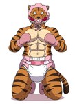 abs anthro baby_bonnet booties clean_diaper clothed clothing diaper gag handwear male mittens muscular muscular_male pacifier pacifier_gag solo solo_focus wearing_diaper barn_(artist) beastars netflix bill_(beastars) bengal_tiger felid mammal pantherine tiger