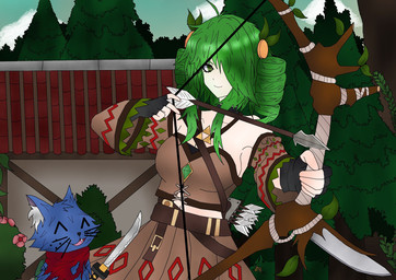 blue_body blue_fur bow_(weapon) duo female fur green_eyes green_hair hair male melee_weapon ranged_weapon sword weapon kirisames epic_battle_fantasy nolegs_(ebf) domestic_cat felid feline felis human limbless_cat mammal hi_res