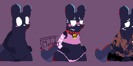 ambiguous_gender anthro arm_warmers armwear black_bottomwear black_clothing blue_body blush bodily_fluids bottomwear clothing collar hoodie long_tail nude panties pattern_clothing pink_clothing red_collar simple_background solo striped_clothing stripes sweat sweatdrop sweater tail text text_on_clothing thick_thighs thong topwear torn_bottomwear torn_clothing underwear melodicfractals rain_world videocult inv_(rain_world) slugcat digital_media_(artwork) long_image pixel_(artwork) wide_image