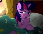 bed bed_hair bedding bedroom blanket blue_hair blush female feral furniture hair horn lidded_eyes lying lying_on_bed messy_hair on_bed on_model open_mouth pillow purple_body solo sun sunrise tired window yawn ponyecho friendship_is_magic hasbro my_little_pony mythology twilight_sparkle_(mlp) equid equine mammal mythological_creature mythological_equine unicorn 2016 5:4 digital_media_(artwork) hi_res signature