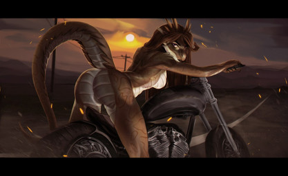 anthro black_bars breasts brown_hair butt countershade_body countershade_breasts countershade_butt countershade_face countershade_scales countershade_tail countershade_torso countershading detailed_background dust female genitals hair horn long_hair motorcycle non-mammal_breasts nude outside power_lines purple_eyes raised_tail scales side_boob solo sparks sun sunset tail vehicle vulva teragabba mythology dragon mythological_creature mythological_scalie scalie letterbox