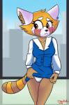 anthro blush bottomwear clothed clothing female flashing fur orange_body orange_fur panties pencil_skirt presenting simple_background skirt solo underwear ikaribunbun aggretsuko sanrio retsuko ailurid mammal red_panda absurd_res digital_media_(artwork) hi_res