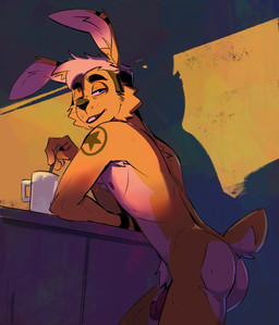 anthro arm_tattoo biped buckteeth butt casual_nudity container cup fingers floppy_ears fur genitals half-erect holding_object humanoid_genitalia humanoid_hands humanoid_penis interior_background light long_ears looking_aside looking_aside_at_viewer looking_at_viewer male male_anthro mug multicolored_body multicolored_fur narrowed_eyes nude nude_anthro nude_male penis scut_tail short_tail shoulder_tattoo slim slim_anthro slim_male smile smiling_at_viewer solo tail tattoo teeth three-quarter_view two_tone_body two_tone_fur yellow_body yellow_fur heromule fvorte_(character) lagomorph mammal digital_drawing_(artwork) digital_media_(artwork) hi_res lighting portrait three-quarter_portrait