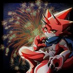 abs anthro claws fireworks grin horn male muscular_legs red_body smile solo yellow_eyes haruka_kd bandai_namco digimon digimon_ghost_game betelgammamon digimon_(species) 1:1