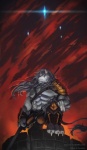 abs anthro armor athletic bandage biceps big_muscles biped black_nose blue_eyes bottomwear claws clothed clothing crouching fur grey_body grey_fur hair kneeling leaning leaning_forward long_hair male muscular muscular_anthro muscular_male pants pecs pose solo toe_claws topless beefnoodles lanoodles canid canine mammal