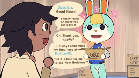 anthro black_eyes black_hair blonde_hair blue_clothing blue_jacket blue_topwear bottomless box brown_eyes cardboard cardboard_box clothed clothing container dialogue duo featureless_crotch femboy flower fur green_body green_fur hair holding_box holding_container holding_object jacket looking_at_another male open_mouth orange_inner_ear orange_nose plant raised_hands smile speech_bubble sweater text topwear white_body white_clothing white_fur white_jacket white_topwear yellow_clothing yellow_sweater yellow_topwear icantseehelp animal_crossing nintendo sasha_(animal_crossing) villager_(animal_crossing) human lagomorph leporid mammal rabbit 16:9 2025 english_text hi_res widescreen