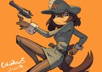 2023 anthro belt blue_eyes bottomwear canid canine canis clothing colo domestic_dog female fur gun handgun hi_res holding_gun holding_handgun holding_object holding_pistol holding_ranged_weapon holding_weapon mammal military_hat military_uniform misha_(colo) orange_background peaked_cap pistol ranged_weapon simple_background skirt solo tan_body tan_fur uniform weapon