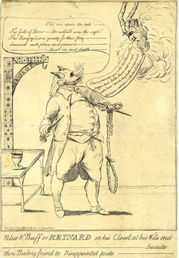 alternate_species anthro clothed clothing cloud container cup dagger dialogue duo footwear furniture gallows goblet gun hair holding_dagger holding_gun holding_melee_weapon holding_object holding_ranged_weapon holding_rope holding_weapon imminent_death imminent_suicide looking_up male melee_weapon noose poison political_cartoon politics ranged_weapon rope shadow shoes speech_bubble standing table tied_hair weapon whiskers unknown_artist public_domain charles_fox reynard_the_fox satan canid canine demon elemental_creature elemental_humanoid fox humanoid mammal 1783 18th_century ancient_art hi_res traditional_media_(artwork)