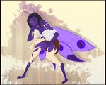 antennae_(anatomy) anthro black_eyes bottomwear claws clothing eyewear female fur glasses hair insect_wings multi_arm multi_limb purple_body purple_fur purple_skin shedding shirt skirt solo species_transformation topwear transformation wings proxer arthropod insect lepidopteran moth