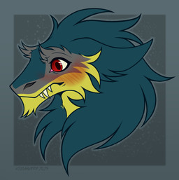 anthro blush blush_lines embarrassed fangs fur green_body green_fur grey_body grey_fur male red_eyes solo teeth yellow_body yellow_fur helkumurrr brom_(sahurus) sergal hi_res