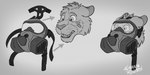 disembodied_head facial_markings footprint furgonomics gas_mask harness head_markings male markings mask mask_only nude open_mouth pawprint simple_background solo surprised_expression vignette kemira kemira_redearth_(character) felid feline mammal greyscale monochrome sequence sketch