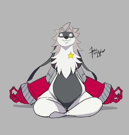 anthro belly crossed_legs eyes_closed female gun_arm mechanical_arm meditation nude overweight sitting smile solo weapon_arm windspan bandai_namco digimon digimon_beatbreak digimon_(species) wolvermon absurd_res hi_res