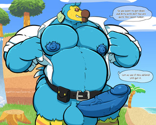 anthro anthrofied balls beach beak belt belt_buckle big_balls big_muscles big_nipples big_pecs big_penis blue_body blue_nipples blue_penis bottomless buckle clothed clothing collared_shirt dialogue dress_shirt electronics erection eyewear feather_markings feathers genitals grin headphones huge_penis humanoid_genitalia humanoid_penis light male markings mostly_nude multicolored_body musclegut muscular muscular_male nipples non-mammal_balls non-mammal_nipples overweight palm_tree pecs penis plant seaside shirt sky smile solo speech_bubble stubble sunglasses sunlight tail tail_feathers text thick_arms thick_thighs topwear tree tree_stump undressing undressing_self vein veiny_penis white_clothing white_shirt white_topwear akita77 animal_crossing nintendo wilbur_(animal_crossing) avian bird columbid dodo recently_extinct_species 2020 english_description english_text hi_res watermark
