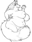 3:4 absurd_res anthro areola belly belly_overhang belly_tuft big_areola big_breasts breasts canid canine digital_drawing_(artwork) digital_media_(artwork) female fox freckles genitals hair hand_on_hip hi_res juicydemon looking_at_viewer love_handles mammal monochrome nipple_piercing nipples nude overweight overweight_anthro overweight_female pawpads piercing pussy sharp_teeth sketch smile solo tail tail_around_leg teeth tuft wave wavy_hair wide_hips