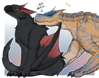 3_claws ambiguous/ambiguous ambiguous_feral ambiguous_gender annoyed beak black_beak black_claws blue_body blue_markings claws cross-popping_vein duo emanata eyes_closed feral fur grey_body grey_fur grey_tail licking licking_another markings membrane_(anatomy) membranous_wings mouth_closed multicolored_body multicolored_scales pink_tongue pupils red_body scales simple_background spikes spikes_(anatomy) tail tan_body teeth text toe_claws tongue tongue_out white_sclera wings yellow_eyes untaggable_artist capcom monster_hunter flying_wyvern nargacuga tigrex 2025 chinese_text digital_media_(artwork) handwritten_text shaded translated