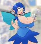 absurd_res big_breasts blue_hair breasts cleavage clothed clothing fairy female hair hi_res huge_breasts humanoid hyperflannel insect_wings magic_wand solo topwear wings