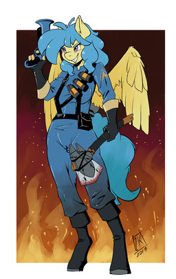 anthro axe blue_hair clothed clothing cosplay feathered_wings feathers female fully_clothed hair holding_object holding_weapon melee_weapon purple_eyes ranged_weapon smile solo weapon wings zwitterkitsune hasbro my_little_pony mythology team_fortress_2 valve valve_corporation fan_character pyro_(team_fortress_2) equid equine mammal mythological_creature mythological_equine pegasus 2017