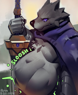 after_vore ambiguous_gender ambiguous_prey anthro anthro_pred belly big_belly clothing fangs fully_inside fur grey_body grey_fur male male_pred purple_eyes scar sound_effects tail teeth vore aymbord elden_ring fromsoftware blaidd_(elden_ring) canid canine canis mammal wolf hi_res