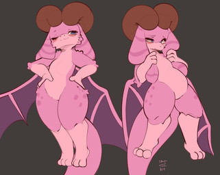 2_horns ambiguous_anthro ambiguous_gender anthro blue_eyes blush floppy_ears fur gloves_(marking) horn leg_markings lop_ears markings membrane_(anatomy) membranous_wings multiple_poses nude_anthro one_eye_closed pink_body pink_fur pink_spots pink_stripes pose simple_background socks_(marking) solo spots spotted_body spotted_fur stripes wings wink conditional_dnp tohupo 2025 digital_drawing_(artwork) digital_media_(artwork) hi_res