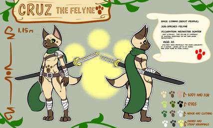 anthro armor featureless_crotch katana longsword male melee_weapon nude paws scarf simple_background solo sword text weapon whiskers wrapping lucardo_cruz capcom monster_hunter cruz_(lucardo_cruz) domestic_cat felid feline felis felyne lynian mammal 5:3 english_text hi_res model_sheet