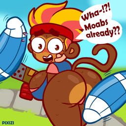 accessory anthro band-aid band-aid_on_face bandage bandage_on_face big_breasts big_butt blue_clothing blue_topwear blush bodily_fluids breasts brown_eyes butt clothing dialogue eyelashes female grass hair headband imminent_sex looking_back open_mouth orange_hair panties pink_clothing pink_panties pink_shirt pink_topwear pink_underwear plant rear_view shirt sky solo speech_bubble sweat sweatdrop text thick_thighs topwear underwear wide_hips pixizi bloons_tower_defense ninja_kiwi gwendolin_(bloons) haplorhine mammal monkey primate 1:1 english_text hi_res