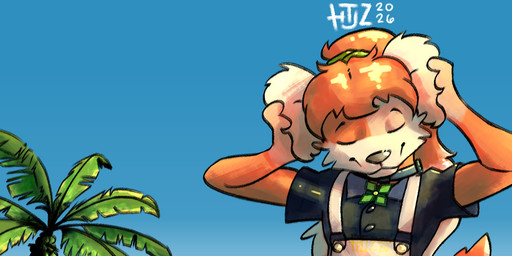 accessory anthro clothed clothed_anthro clothed_male clothing coconut collar collared_shirt dress_shirt drupe_(fruit) eyes_closed fluffy_ears food fruit fur hair long_hair male orange_body orange_fur orange_hair plant shirt snout solo strap_clothing summer tail topwear tree valken_holmes canid canine mammal 3:1 character_request dated digital_media_(artwork) hi_res watermark