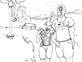 anthro arm_around_waist bottomwear clothing duo faceless_character faceless_male female human_on_anthro interspecies looking_up_at_partner male male/female muscular muscular_male pants size_difference smaller_female yoga_pants doublespace anon human lagomorph leporid mammal rabbit absurd_res hi_res monochrome