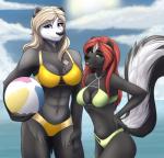 abs anthro ball beach_ball black_nose blonde_hair breast_size_difference breasts clothing duo female green_eyes hair holding_ball holding_object inflatable long_hair looking_at_viewer muscular muscular_female navel open_mouth purple_eyes red_hair smile swimwear fairdahlia kim_(mykegreywolf) liz_(mykegreywolf) badger mammal mephitid mustelid musteline skunk 2019 hi_res