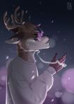 5_fingers anthro antlers brown_body clothed clothing eyewear fingers fully_clothed fur glasses hair horn male night open_mouth outside simple_background sky smoke smoking snow solo topwear pinkvain deer mammal 2020 digital_media_(artwork) half-length_portrait hi_res portrait