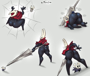 ambiguous_gender anthro ass_up big_butt black_eyes butt cloak clothing duo empty_eyes featureless_feet feet female grey_background holding_object holding_weapon larger_female rear_view red_cloak red_clothing simple_background size_difference thick_thighs weapon white_body wide_hips fram_lina hollow_knight_(franchise) team_cherry hornet_(hollow_knight) the_knight_(hollow_knight) arthropod insect vessel_(species) half_sister_(lore) sibling_(lore) sister_(lore)