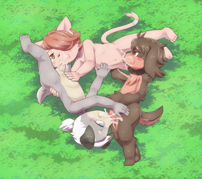 3_toes 4_toes accessory anthro arm_tuft balls blush bodily_fluids brown_body chest_tuft countershading cum cum_in_mouth cum_inside elbow_tuft erection feet fellatio floppy_ears foreskin furgonomics genital_fluids genitals grey_body group group_sex hair hair_over_eye humanoid_genitalia humanoid_penis jewelry knee_tuft leg_tuft licking looking_at_genitalia looking_at_penis lying male male/male narrowed_eyes navel nude nude_anthro nude_male on_side open_mouth oral orange_eyes penile penis penis_in_mouth ring sex shoulder_tuft tail tail_accessory tail_jewelry tail_ring tan_balls tan_body tan_countershading tan_penis toes tongue tongue_out triangle_position trio tuft white_balls white_penis young young_anthro young_male young_on_young ofuro cyberconnect2 fuga:_melodies_of_steel little_tail_bronx britz_strudel jin_macchiato kyle_bavarois basset_hound canid canine caninu canis dobermann domestic_cat domestic_dog felid feline felineko felis hunting_dog mammal pinscher scent_hound alternate_version_at_source