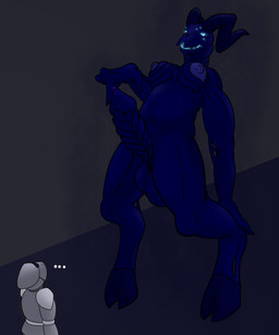 ambiguous_gender anthro areola armor balls bared_teeth beckoning belly bent_legs big_balls big_penis blue_areola blue_body blue_eyes blue_horn blue_mouth blue_penis blue_skin bodily_fluids breasts claws dark_blue_skin digitigrade duo ellipsis genital_fluids genitals gesture glowing glowing_eyes glowing_mouth grin gynomorph hand_gesture headgear helmet hooves horn huge_balls huge_penis intersex knight leaking_precum leaned_back looking_down looking_up multi_eye nipples penis pointing pointing_down precum presenting presenting_penis purple_precum sharp_teeth simple_background size_difference smile smoke teeth teeth_showing text toothy_smile warrior anoelotl dungeons_and_dragons hasbro wizards_of_the_coast humanoid monster nightwalker_(species) shadow_creature undead 5:6 digital_drawing_(artwork) digital_media_(artwork) hi_res shaded