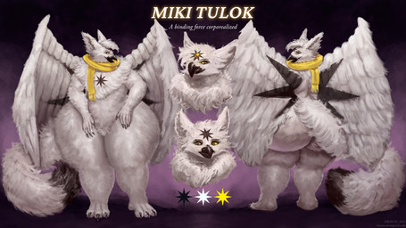 3_eyes anthro big_butt big_ears big_tail butt chest_tuft cutaway dark_markings expression_cutaway fluffy male markings multi_eye scarf star_(marking) tail thick_thighs tuft wide_hips wings kronte mythology meowl miki_(mikimeowl) avian bird gryphon mythological_avian mythological_creature owl absurd_res hi_res model_sheet