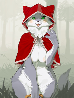 4_fingers anthro areola arm_tuft basket black_nose blush breasts claws clothing container elbow_tuft facial_tuft female female_anthro fingers forest fur grass green_eyes grey_body grey_fur headgear headgear_only headwear headwear_only holding_object hood kemono looking_at_viewer mostly_nude multicolored_body multicolored_fur neck_tuft nipples outside plant red_hood solo teeth tongue tree tuft two_tone_body two_tone_fur white_body white_fur kame_3 fairy_tales little_red_riding_hood_(copyright) canid canine canis mammal wolf 2021 absurd_res hi_res