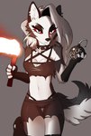 anthro biped black_collar bomb bottomwear breasts cleavage clothed clothing collar crop_top ear_piercing ear_ring explosives eyebrow_piercing eyebrow_ring facial_piercing female flare_(object) fur grey_background hair holding_bomb holding_object looking_at_viewer midriff navel occult_symbol pentagram piercing ring_piercing shirt shorts simple_background solo spiked_collar spikes symbol text topwear underwear white_body white_fur white_hair jesterwing helluva_boss mythology loona_(helluva_boss) canid canid_demon canine demon hellhound mammal mythological_canine mythological_creature 2022 absurd_res english_text hi_res