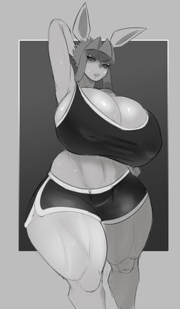 anthro athletic athletic_female athletic_wear big_breasts bodily_fluids bottomwear bra breasts clothing female gym_bottomwear gym_shorts huge_breasts midriff shorts sports_bra sweat sweatdrop thick_thighs underwear wide_hips magsunsha nintendo pokemon eeveelution generation_4_pokemon glaceon pokemon_(species) hi_res
