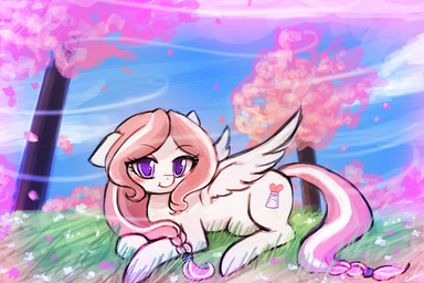 blush braided_hair cherry_blossom cloud cutie_mark detailed_background feathered_wings feathers female feral flower fur grass hair looking_at_viewer nature outside pink_body pink_fur pink_hair plant prunus_(flower) purple_eyes sky smile solo teats tree wind wings lumineko hasbro my_little_pony mythology fan_character milk_drop equid equine mammal mythological_creature mythological_equine pegasus 3:2 digital_media_(artwork)