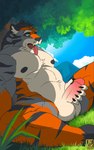 anthro forest male masturbation nature plant solo tree felixfellow khoi domestic_cat felid feline felis mammal pantherine tiger 2d_animation animated